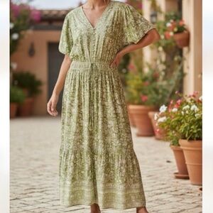 LEA Green Floral Print Midi Dress Plus Size 3X Flutter Sleeve Boho Pockets